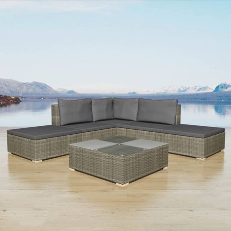 6-tlg. Garten-Lounge-Set mit Kissen Poly Rattan Grau