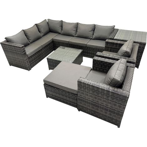 Fimous Rattan Garden Furniture Patio Furniture Sets with Corner Sofa Square Coffee Table Big Stool Side Table Dark Grey Mixed (1/5)
