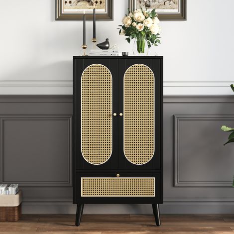 Buffet 60x40x110,5 cm en panneaux de bois noir, avec rangement pour salle à manger FloraGrace (1/5)