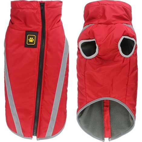 Waterproof dog coat – Warm winter polyester jacket – Fleece lining – Reflective strips – Harness hole – Red (1/5)