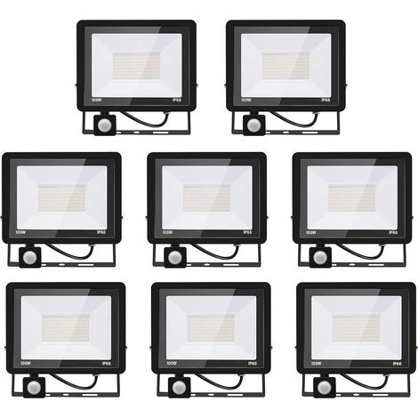 8PACK - Projecteur LED 100W Avec Détecteur de Mouvement, Blanc Froid (6000K) 10000LM, Extérieur IP66 Imperméable, Pour Sécurité, Garage, Couloir