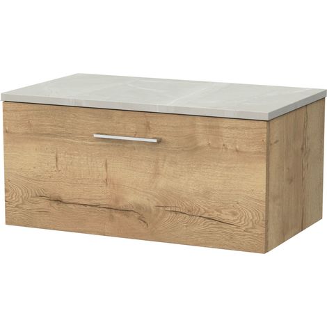Pershall Contemporary Wall Hung 1 Drawer Vanity Unit with Marble Plaster Laminate Worktop, 800mm, Autumn Oak