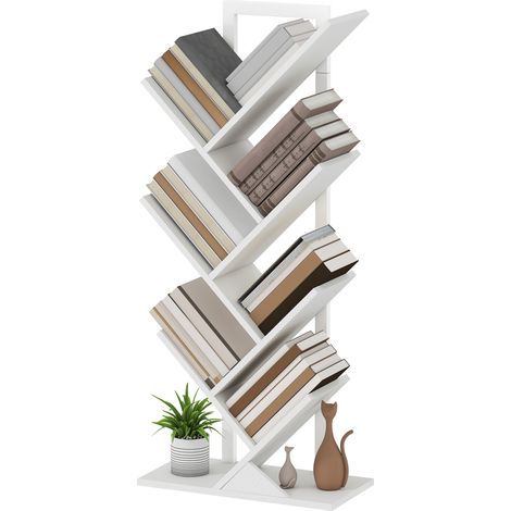 Bibliothèque en forme d'arbre à 7 étagères avec système anti-basculement, idéale pour le salon ou la chambre, 50 x 24 x 109 cm, blanche. (1/5)