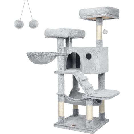Arbre à chat tour de jeux grand avec niche et hamac 49 x 49 x 135 cm en panneau d'aggloméré gris bleuâtre (1/2)