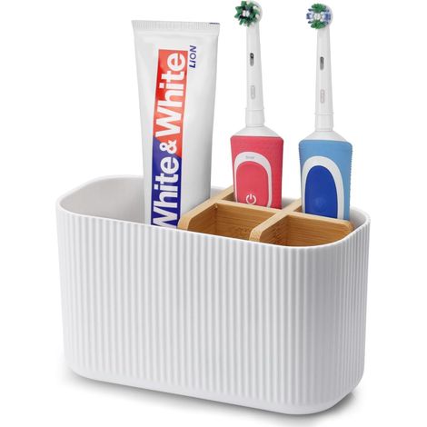 1 Porte-brosses à dents, Support brosse électrique, Compartiment amovible, Plastique et bambou, Pour salle de bains famille (1/5)