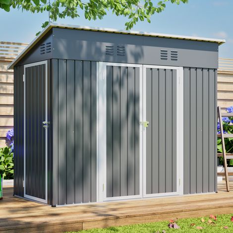 Abri de jardin métal 242x120x192cm avec 3 portes,cadre de sol,toit incliné, 4 aérations et 2 serrures,Pour outils et vélos,Gris (1/5)
