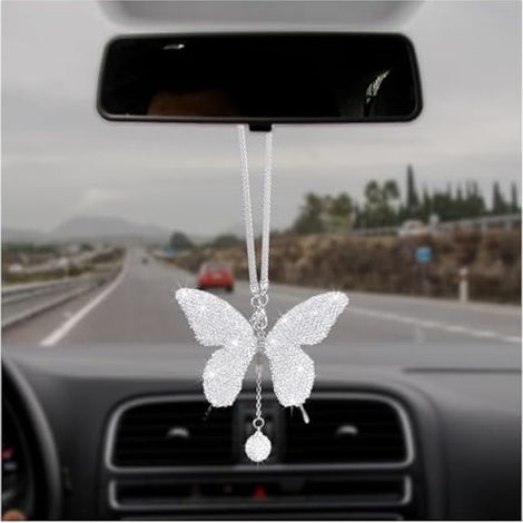 Dickno Accessoires de voiture en forme de papillon scintillant pour femme, pendentif ornement de rétroviseur de voiture, cadeau de Saint-Valentin, décoration à suspendre en cristal, pendentif mignon (1/5)