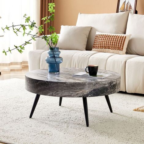 Table Basse diamètre 70 cm plateau rond effet marbre gris pieds métal noirs design minimaliste (1/5)