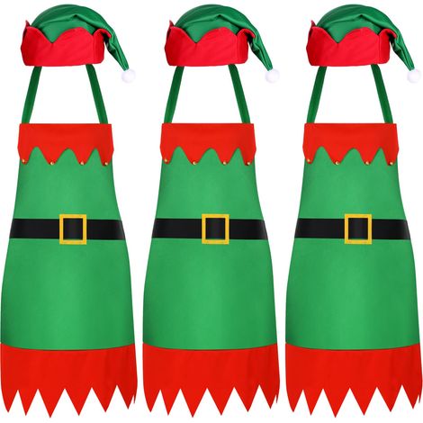Ensemble de 6 pièces sur le thème des lutins de Noël : tablier et chapeau assortis, parfaits pour les fêtes de fin d’année. (1/5)