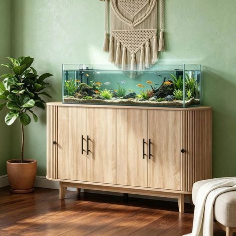 Buffet 147x40x76 cm 6 Portes, Étagères Réglables, Plateau Ovale - Buffet salon - Meuble de Rangement, Style Scandinave, Effet Bois (1/5)