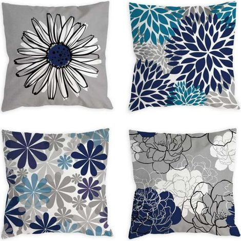 Juego de 4 fundas de cojín decorativas de lino de 45 x 45 cm, en color turquesa y gris, con un moderno estampado de margaritas, para sofá o dormitorio. (1/5)