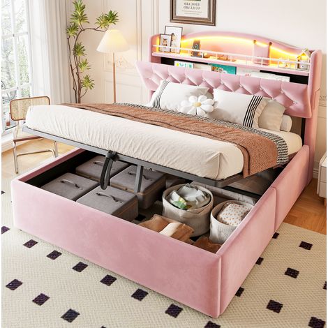 Lit coffre 140x200 cm en velours rose, avec rangement gain de place pour chambre FloraGrace (1/5)
