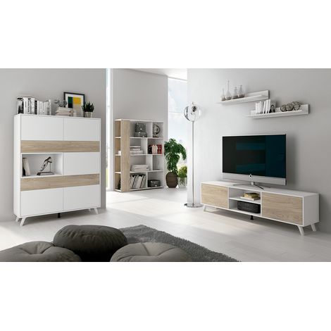 Ensemble de meuble TV et 2 étagères murales + bibliothèque + vitrine coloris blanc, chêne -PEGANE- (1/5)
