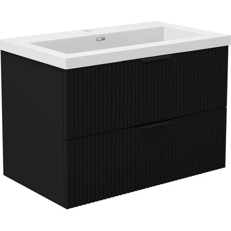 Meuble de Salle de Bain Suspendu Noir Mat 80cm avec 2 Tiroirs Silencieux, Vasque Résine, Résistant à l'Humidité, Cannelé Design (1/5)