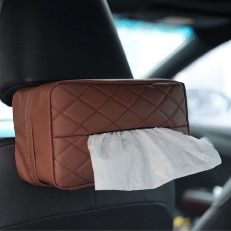 Soporte para pañuelos de piel sintética. Adecuado para el reposacabezas trasero del coche. Caja para pañuelos de General Motors con sistem，marrón (1/5)
