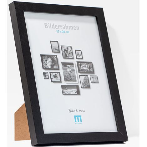 Cadre photo moderne en MDF noir pour photos de 15 x 20 cm avec protection en verre acrylique et support mural en format portrait ou paysage. (1/4)