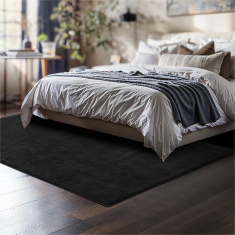 Tapis à poils ras doux et hypoallergénique antidérapant 120cmx170 Noir
