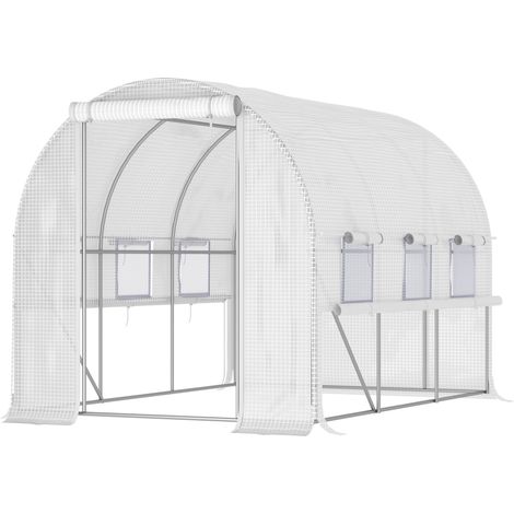 Serre tunnel de potager 3x2x2 m, acier galvanisé, bâche PE, porte roulante, 6 fenêtres à maillage