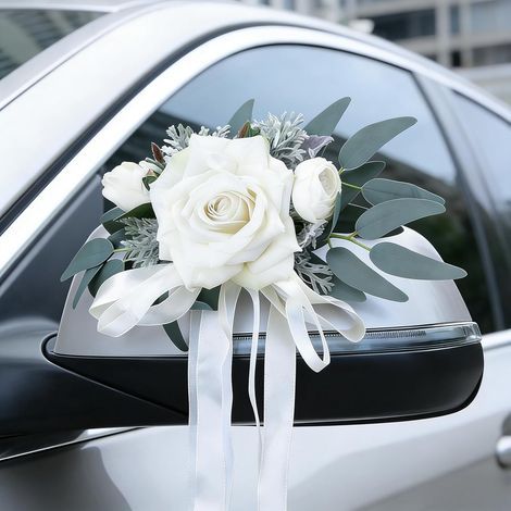 2 pièces Décoration de Voiture pour Mariage, décoration de poignée de Porte de Voiture, Rose Blanche Artificielle avec ventouses, Décoration de rétroviseur (1/5)