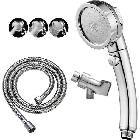 Hochdruck-Chrom-Duschkopf mit Pause/Ein-Schalter, 3 Strahlarten mit Stopptaste, abnehmbarer Duschkopf mit flexiblem Schlauch und verstellbarer Winkelhalterung. (1/5)