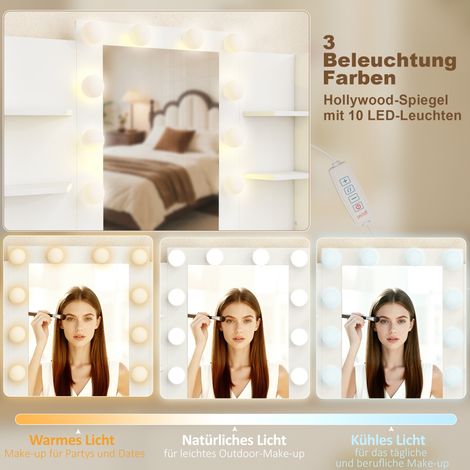 Table de maquillage avec miroir lumineux et pouf capitonné, ensemble de beauté à 6 tiroirs et étagères, blanc (1/4)