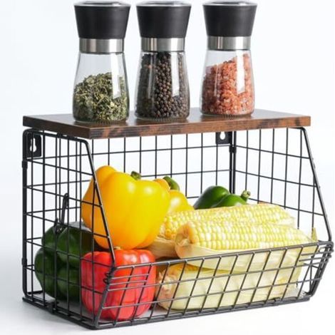 Stackable Wall-Mounted Fruit and Vegetable Basket, Fruit Bin, Vegetable Storage Shelf for Kitchen, Metal Storage Basket with 2 Hooks, Black (1/4)