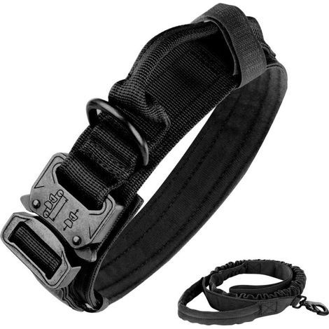 Collier tactique pour chien en nylon 1000D réglable – Boucle métal à libération rapide – Poignée de contrôle – Laisse élastique 160 cm – Taille XL, noir (1/5)