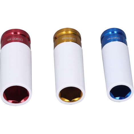 Jeu de 3 douilles chromées CR-MO pour écrous de roue, tailles 17mm 19mm 21mm avec capuchons de protection colorés (1/5)