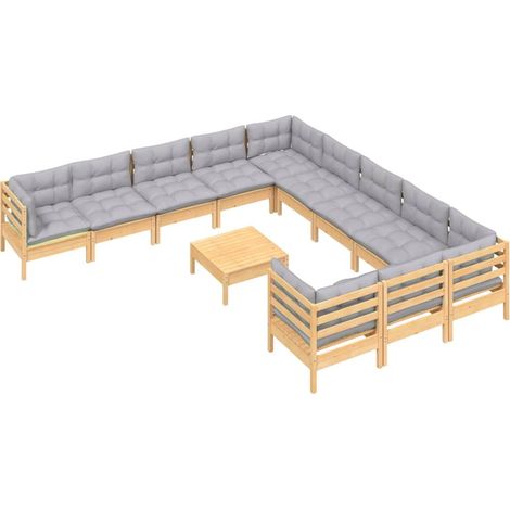 Set di mobili da giardino mobili da esterno 12 pezzi con cuscini legno di pino grigio 020015575