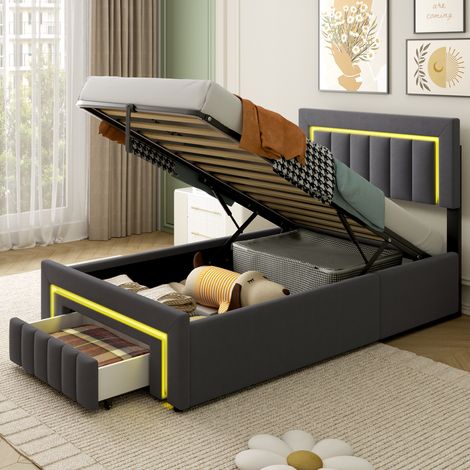 REDOM Cama individual 90x200 cm con iluminación LED, cama con cajones y ruedas, estructura de cama con amplio espacio de almacenamiento, gris (Sans matelas) (1/5)