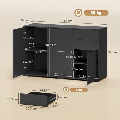 Sideboard Kommode Anrichte, 2 Schubladen, Push-Click, 117 cm x 36 cm x 74 cm, Schwarz (1/5)