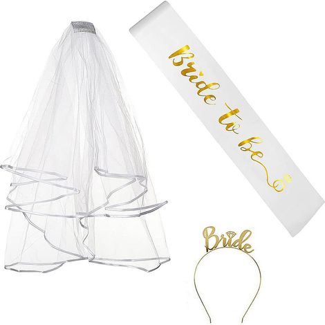 Set aus roségoldenem Schleier, Krone und Haarband für einen Junggesellenabschied. Goldenes Brautschleier-Set. (1/5)