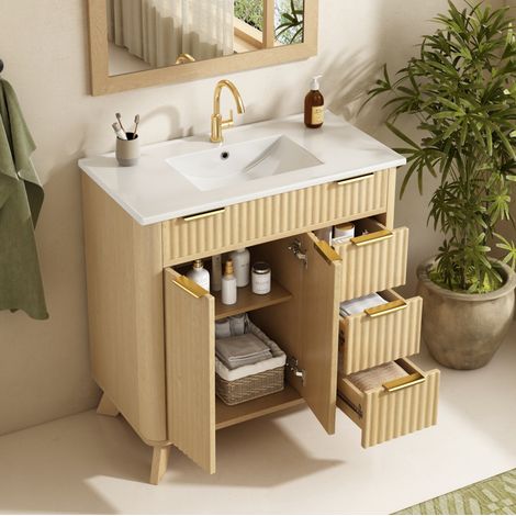 Mobile sottolavabo 81 cm con 3 cassetti e ante soft close, lavabo in ceramica, legno naturale (1/5)