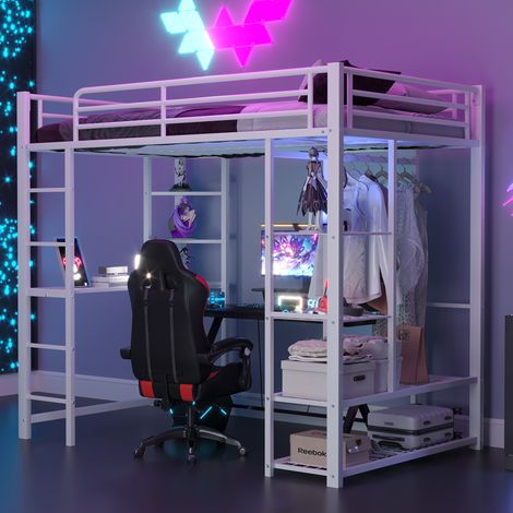 Lit mezzanine 90x200 cm blanc, avec bureau, rangements, penderie, structure en métal, sans matelas (1/5)