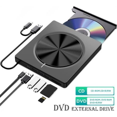 Lecteur Cd Dvd Externe - Usb 3.0 Et Usb C - Compatible Windows MacOS - Graveur Dvd - 4 Ports Usb Et Fente Sd Tf - 1 Unite (1/4)