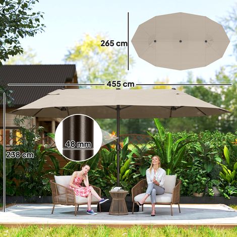 Parasol de jardin double à 12 baleines, pied en croix et mécanisme à manivelle pour l'ouverture/fermeture, parasol de terrasse avec sacs de lestage, en acier et polyester, 455 x 265 x 238 cm, kaki (1/5)
