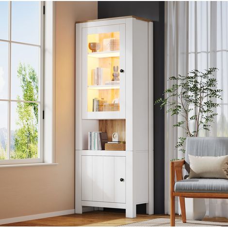 Vitrina alta 70 x 40 x 188 cm con 2 puertas, 6 estantes, LED, blanco y efecto madera (1/5)