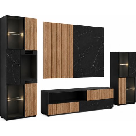 Ensemble meuble TV Cannes 2 W-K cheminée bioéthanol et vitrine LED - MDF noir, chêne Viking, marbre noir - 280 x 182 x 45 cm - Livraison gratuite (1/5)