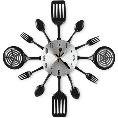 Pr 16 Inch Large Kitchen Wall Clocks with Spoons and Forks, Great Home Decor and Beautiful Gifts, Black (1/5)