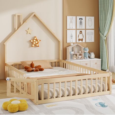 Lit cabane 140x190 cm bois/MDF naturel, barrières, chambre d'enfant, sans matelas – MEUBLIV (1/5)
