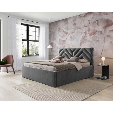 Santiago - lit coffre - 160x200 - sommier inclus - en velours - gris (1/4)