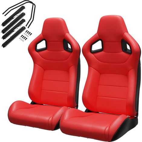 Paire de Sièges Baquet Universels en Cuir PVC Rouge avec Coutures Rouges et Dossier Aspect Carbone, Réglables avec Glissières