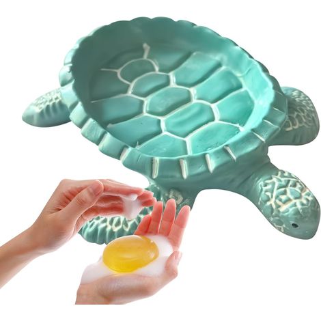 Porte-savon en résine en forme de tortue de mer, 16 × 13 × 4 cm, porte-savon drainable, élégant plateau de rangement pratique pour douche, baignoire, comptoir de maison, décoration d'appartement (vert (1/5)