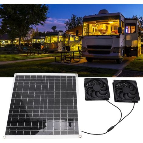 Ventilador solar portátil de 20 W y 12 V, multifuncional, ideal para acampar y viajar, ecológico, fácil de transportar, panel monocristalino, 789 g, doble salida de aluminio y plástico. (1/5)