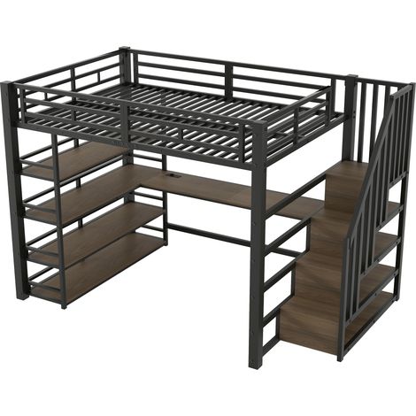 Lit mezzanine en métal 140x200 avec escalier, bureau intégré, rangements, station de charge USB et éclairage LED, noir