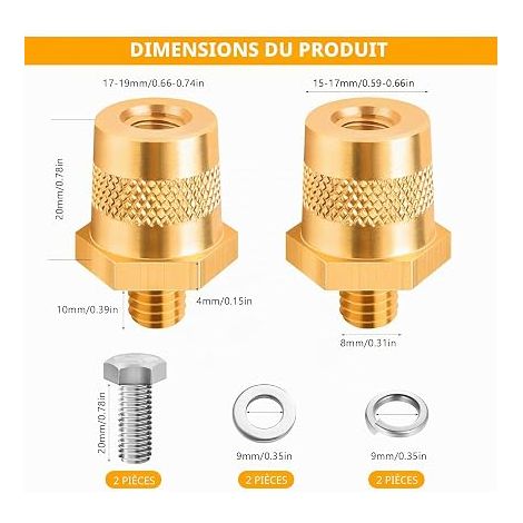 Connecteur Batterie Voiture, 1 Paire d'Adaptateurs de Pôle de Batterie M8, Adaptateur de Bornes de Batteries Positives et Négatives en Laiton pour Motos, Voitures, avec Vis/Rondelles en Acier inox (1/4)