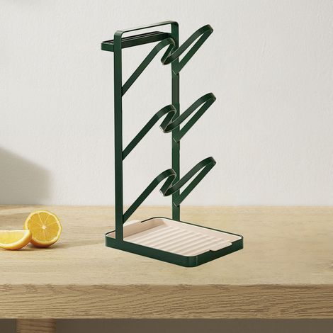Support à couvercles de casseroles à 3 niveaux, à poser sur un plan de travail, avec bac d'égouttage amovible et emplacement pour couteau. Couleur vert clair élégant. (1/5)