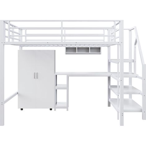 Hochbett 140 x 200 cm aus Metall und MDF mit Schreibtisch, Schrank und Regalen (1/5)
