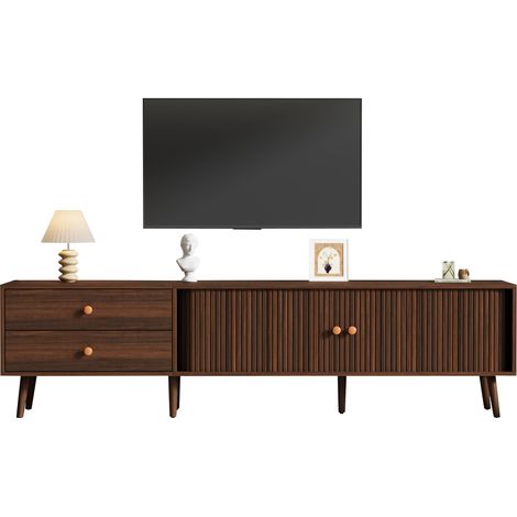 Meuble TV 180 x 40 x 46,5 cm avec 2 tiroirs, 2 portes roulantes et 8 pieds, pour téléviseur jusqu’à 80 pouces, rangement salon style bois foncé  CHICFURN (1/5)