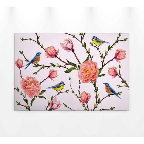 Tableau à fleurs rose pour chambre adulte | Tableau sur toile fleur & oiseaux | Tableau printemps arbre & fleur pour salon - 0,9 x 0,6 m (1/5)